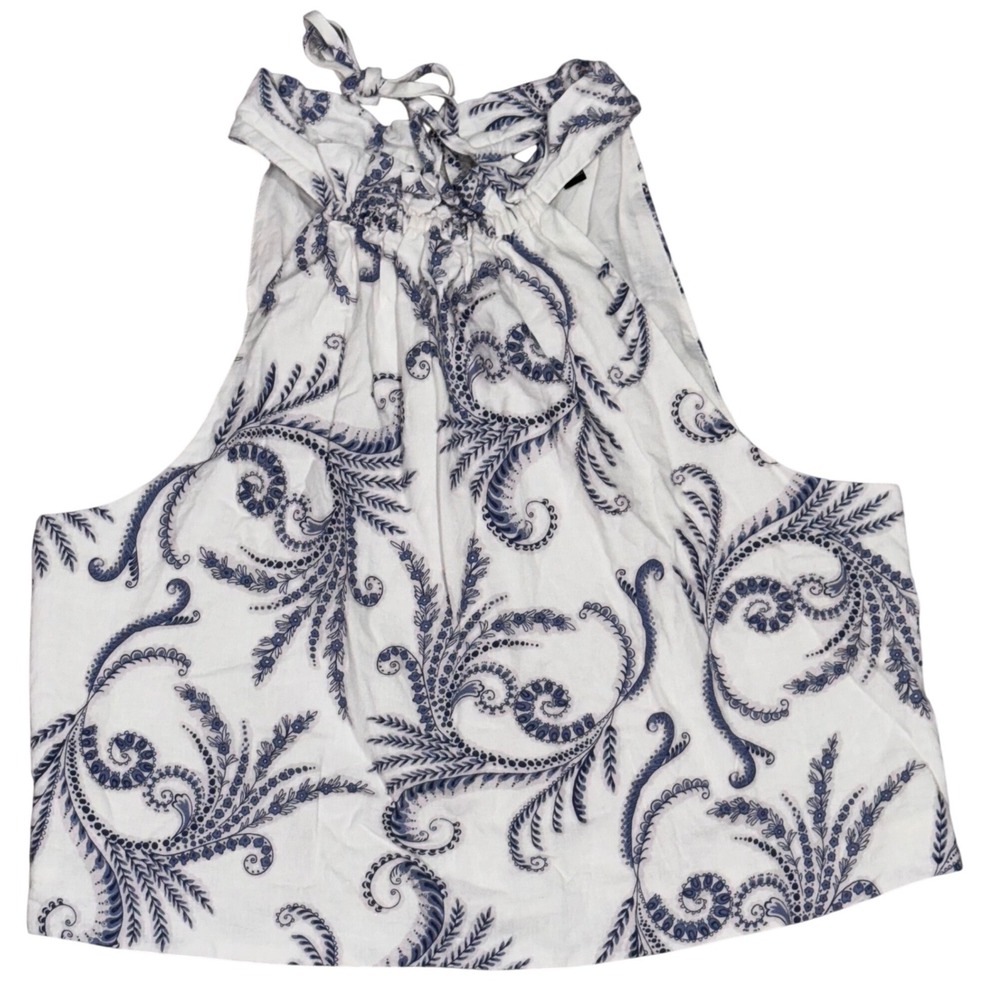 Banana Republic Halter Top Womens 16 White Blue Excellent Linen Blend Paisley